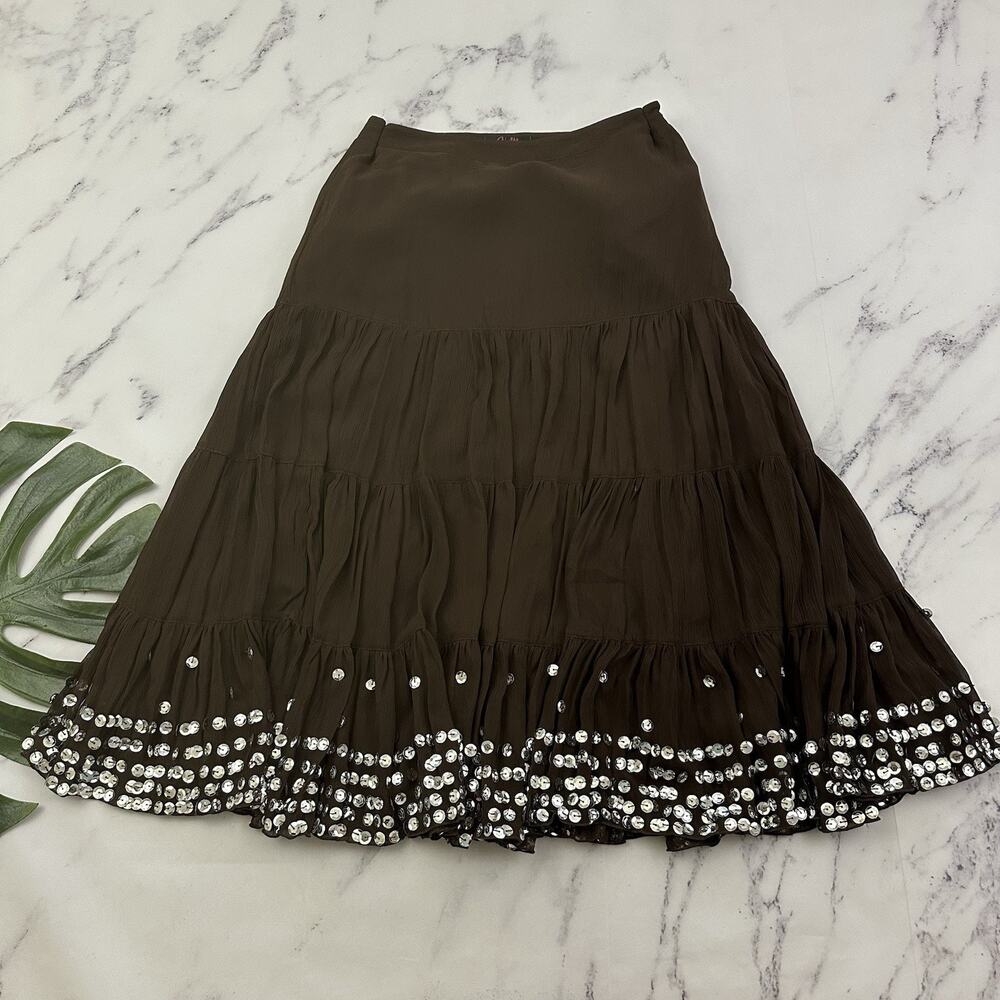 CKM Womens Vintage Y2k Tiered Midi Skirt Size M Brown Silver Sequins A-Line